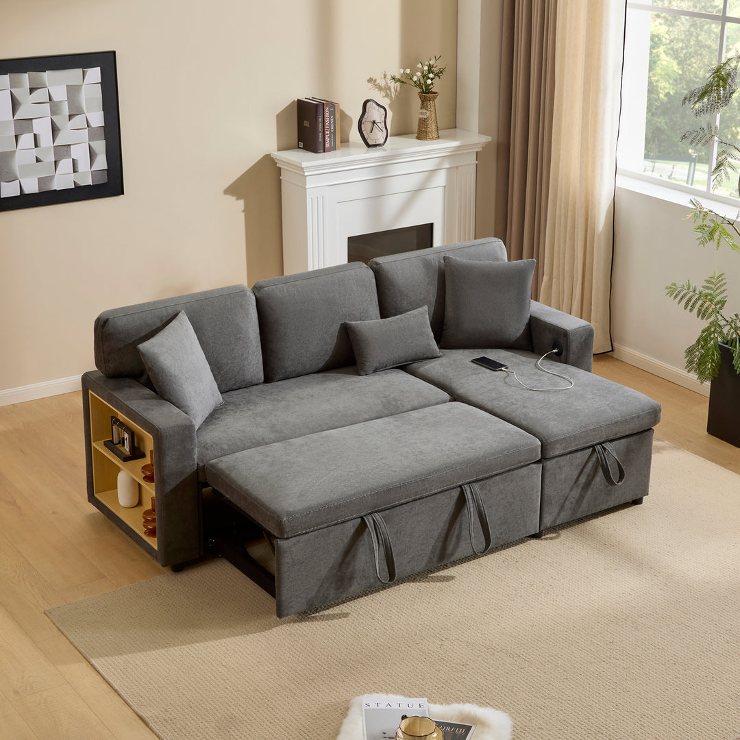 Grey L-shaped corner sofa bed, side shelf with integrated USB and storage VOLATILGAS