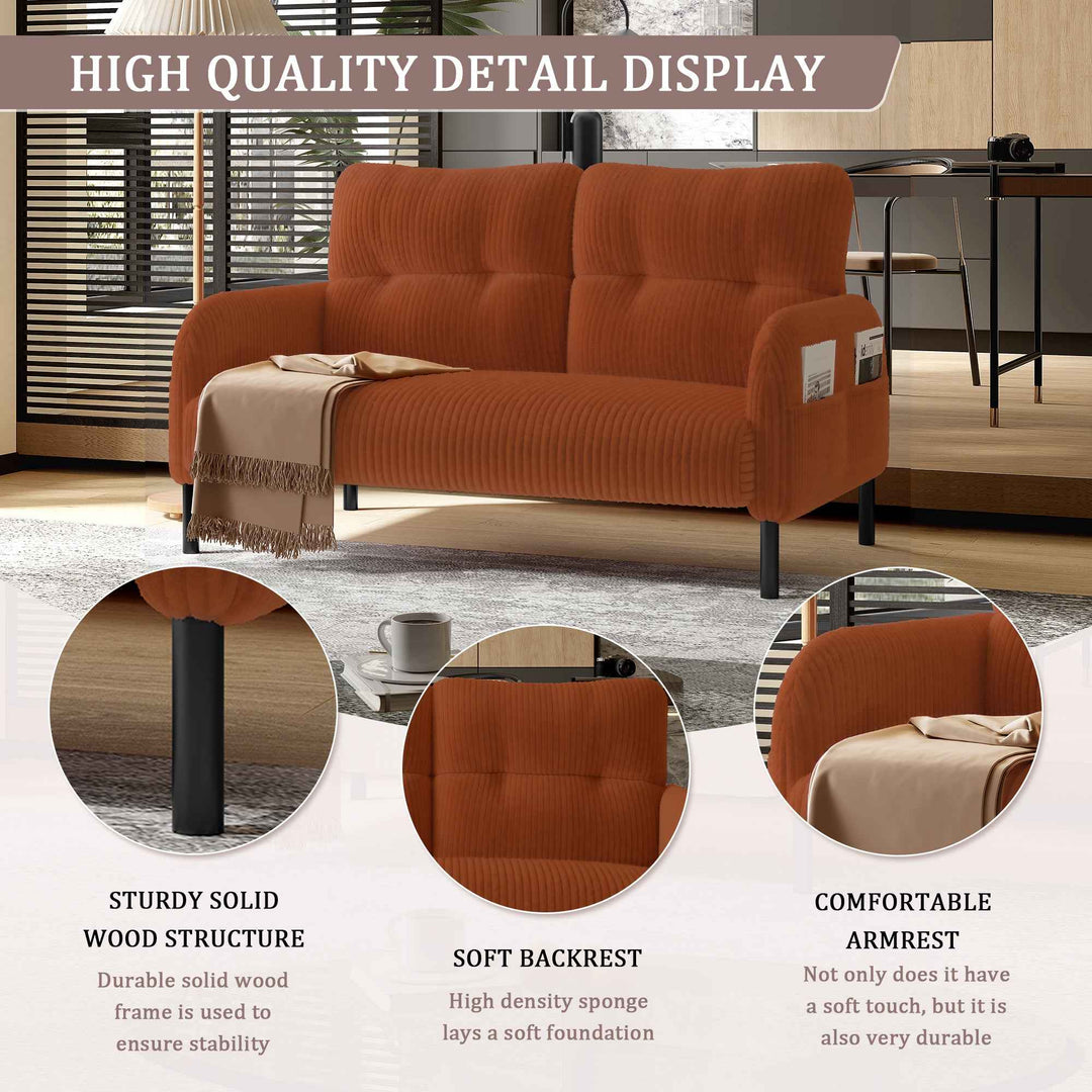 00+Corduroy Loveseat Sofa 2 Seater, Orange, Soft High-Density Foam, Double Side Pockets, Living Room & Bedroom NOVAIST