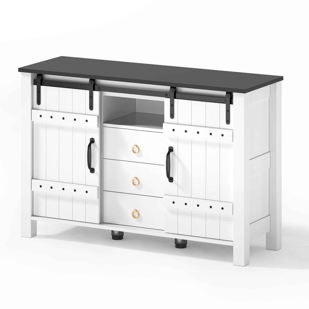 00+Sideboard Cabinet 120cm White with Sliding Doors & 3 Drawers, Rustic Storage Buffet for Kitchen VERTEXLYNX