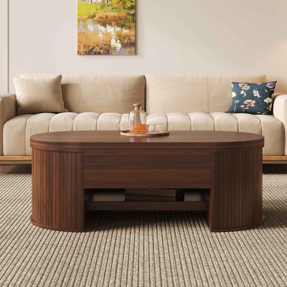 00+Lift-Top Coffee Table with Curved Wooden Sides for Living Room, Walnut CONCRETEORGANIZER