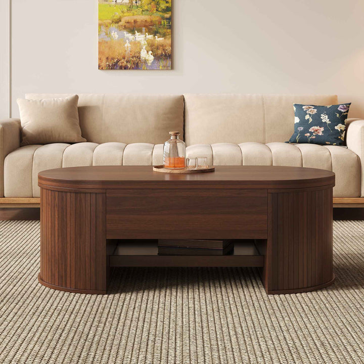 00+Lift-Top Coffee Table with Curved Wooden Sides for Living Room, Walnut CONCRETEORGANIZER