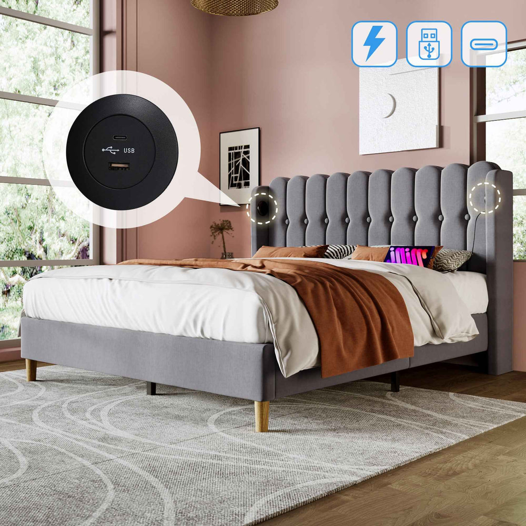 Double Bed Frame with USB & Type-C Charging, 4ft6 Grey Linen Upholstered, Wooden Slats, Modern Panel Headboard, Space-Saving for Bedroom & Guest Room (No Mattress)