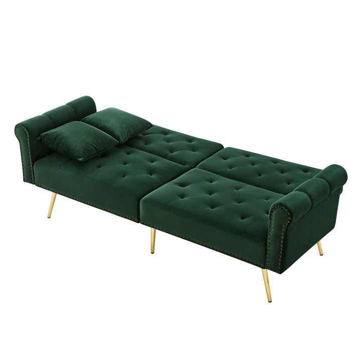 Green velvet 2-seater sofa bed with adjustable backrest and gold legs CAKDERA
