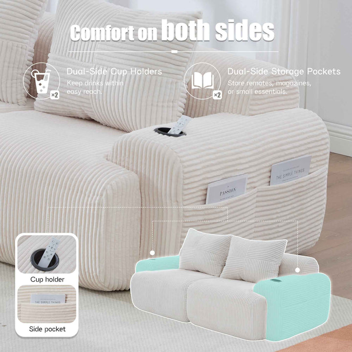 Modular 2-Seater Corduroy Sofa Beige, Built-in Cup Holders & Side Storage, Vacuum-Packed, Space-Saving for Living Room & Family Spaces