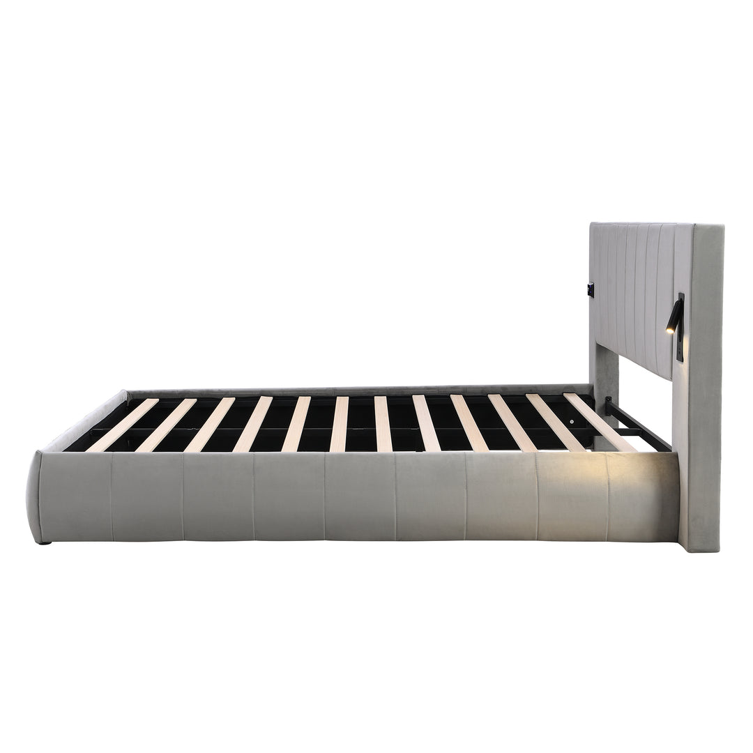 Upholstered velvet grey king bed with sound stereo, lamps and charging ports 150x200cm PNEUMATOPHORE UK