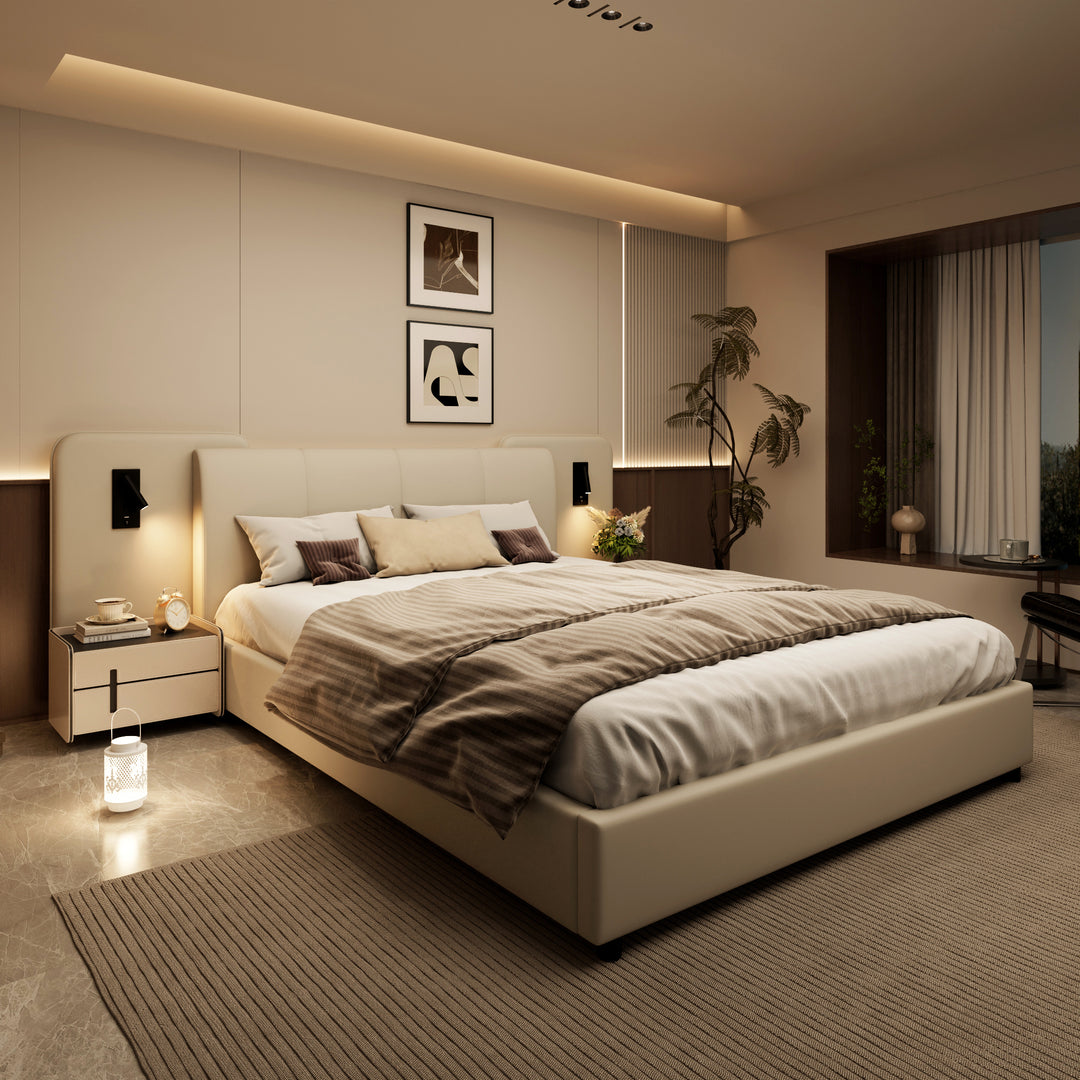Beige upholstered divan double bed with side lamps and charging port 135x190cm UNITOS