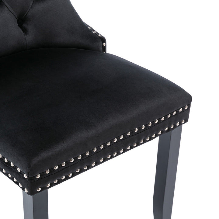 Set of 4 dining chairs velvet black tufted with solid wood legs, nailheads and back chrome ring BREEZEOLOGY