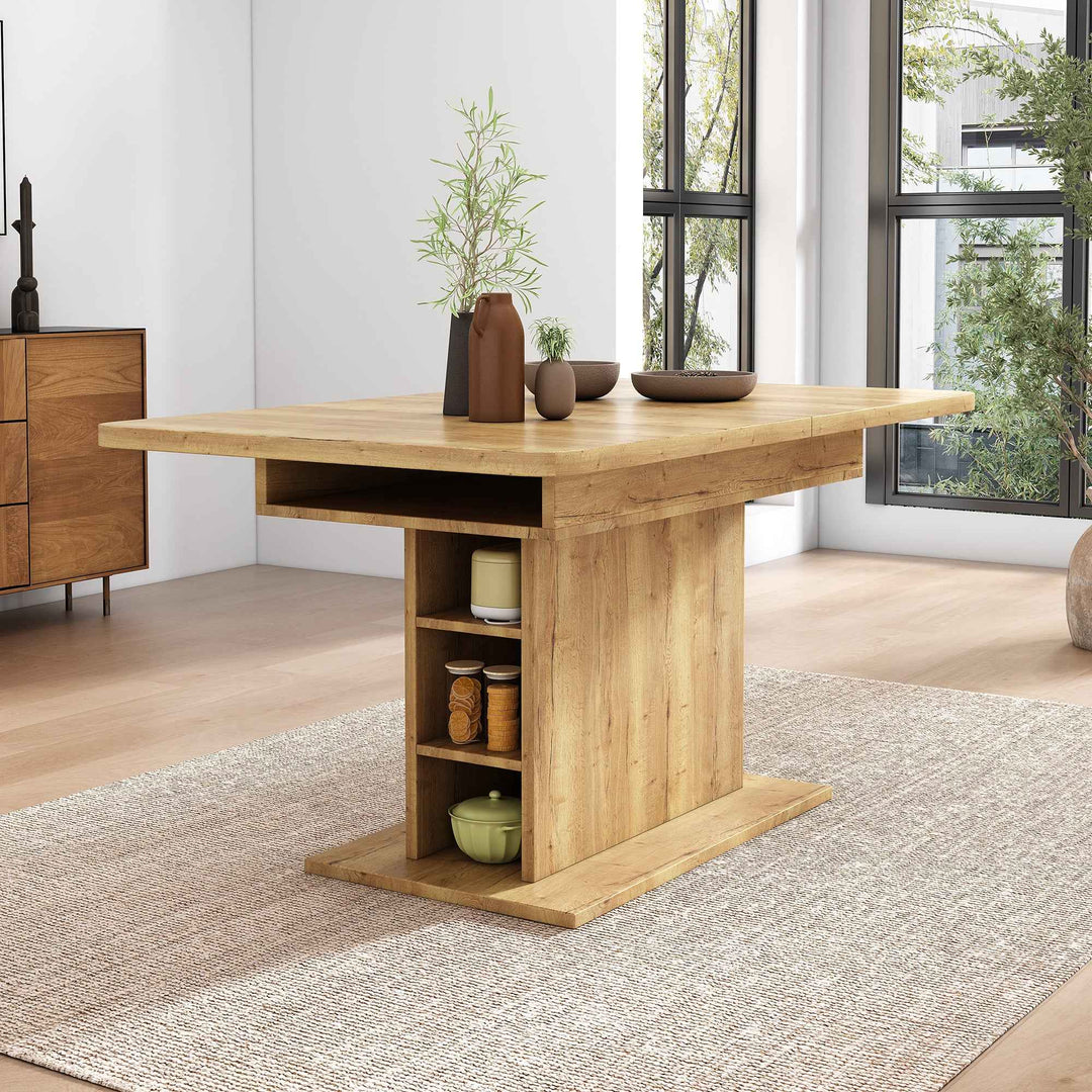 Extendable Dining Table Oak 130x70cm, Space-Saving Rectangular Table with Storage, Modern Iron Frame, Multifunctional Folding Table for Dining, Coffee, Home Office