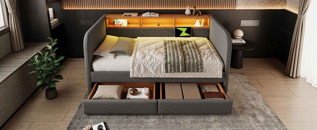 Upholstered Daybed Single 90x190cm Grey Linen with Headboard Storage, LED & USB Type-C, 2 Drawers, Modern Sofa Bed for Bedroom