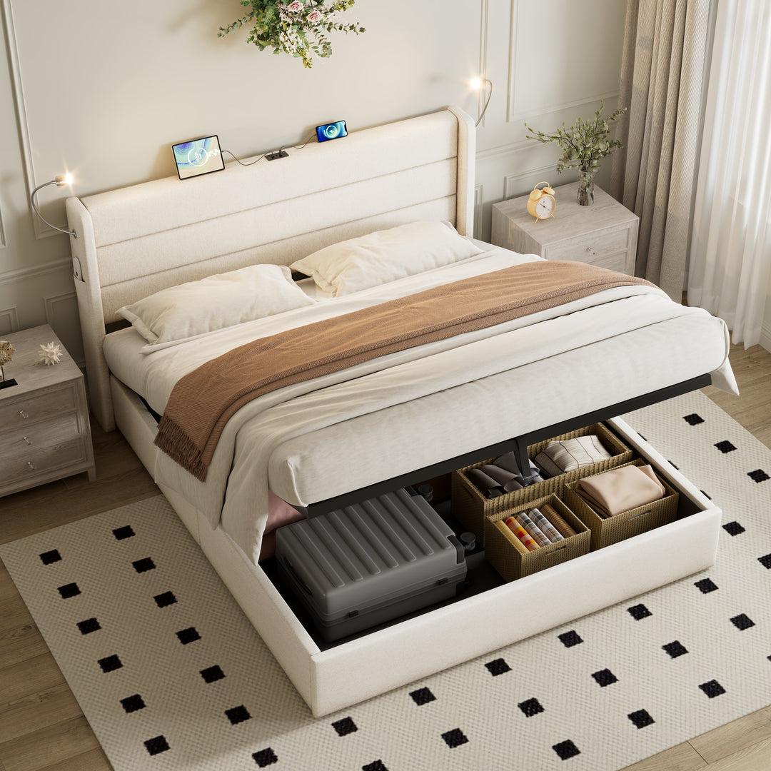 Beige linen upholstered king size divan bed with storage, lampe and charging station 150x200cm GRANULE UK