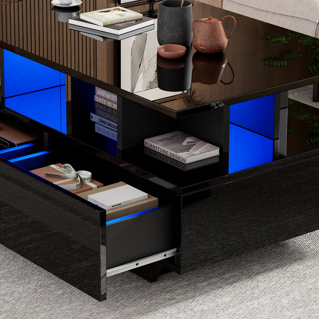 Black high-gloss coffee table 2 drawers with LED lighting ATOMSWALE