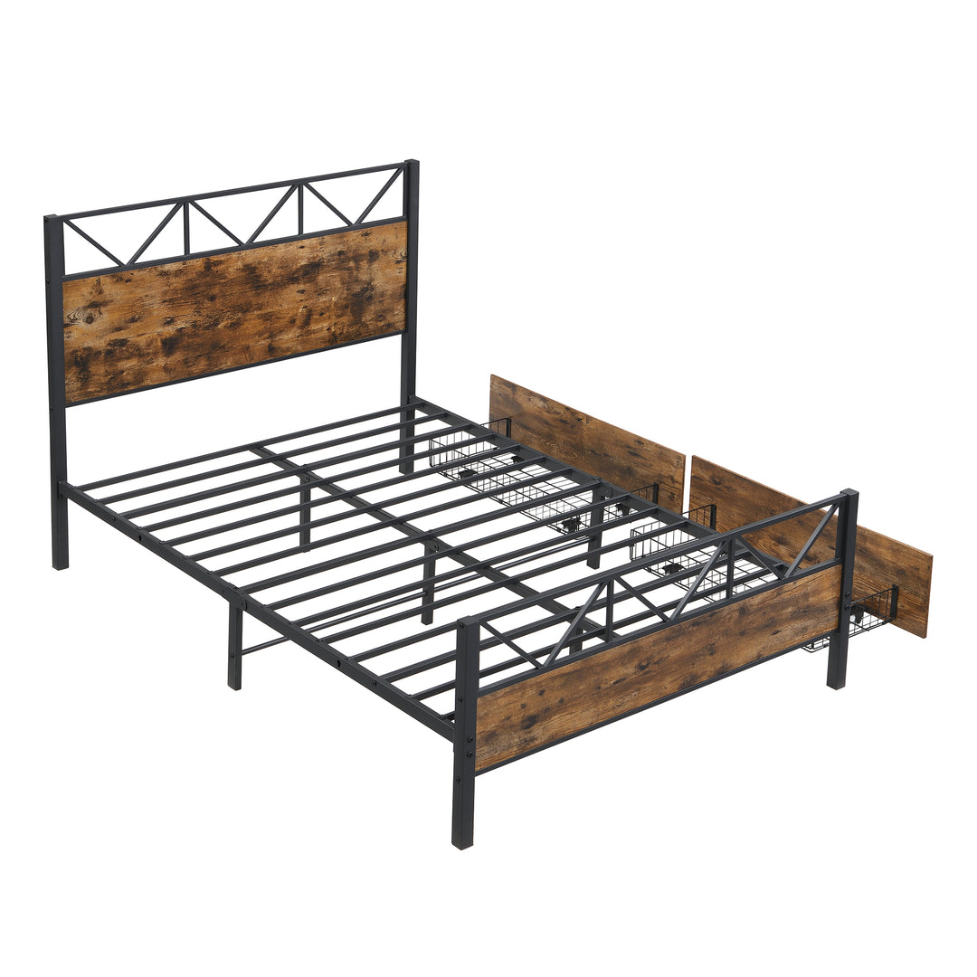Industrial style double bed frame black wood with 2 storage drawers 135x190cm ELEMENTALIS