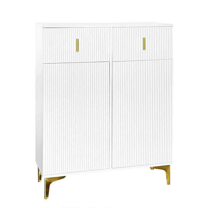 White shoe cabinet with textured panels and golden legs FERNCREST UK