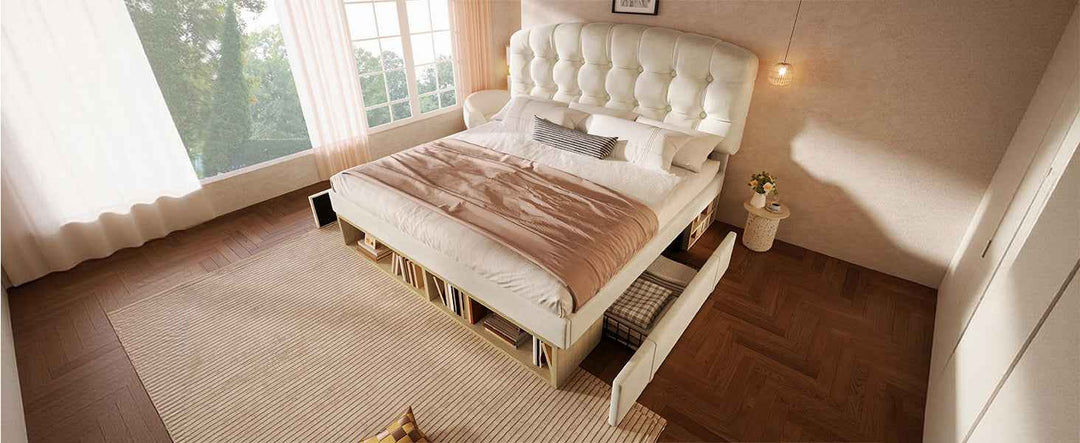 King Size Upholstered Bed Frame with Storage Drawers, Adjustable Headboard, Velvet, Beige, 150x200cm, Space-Saving Modern Design
