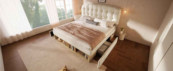 King Size Upholstered Bed Frame with Storage Drawers, Adjustable Headboard, Velvet, Beige, 150x200cm, Space-Saving Modern Design
