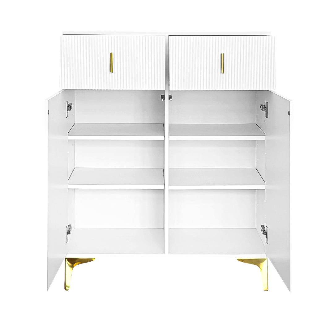 White shoe cabinet with textured panels and golden legs FERNCREST UK