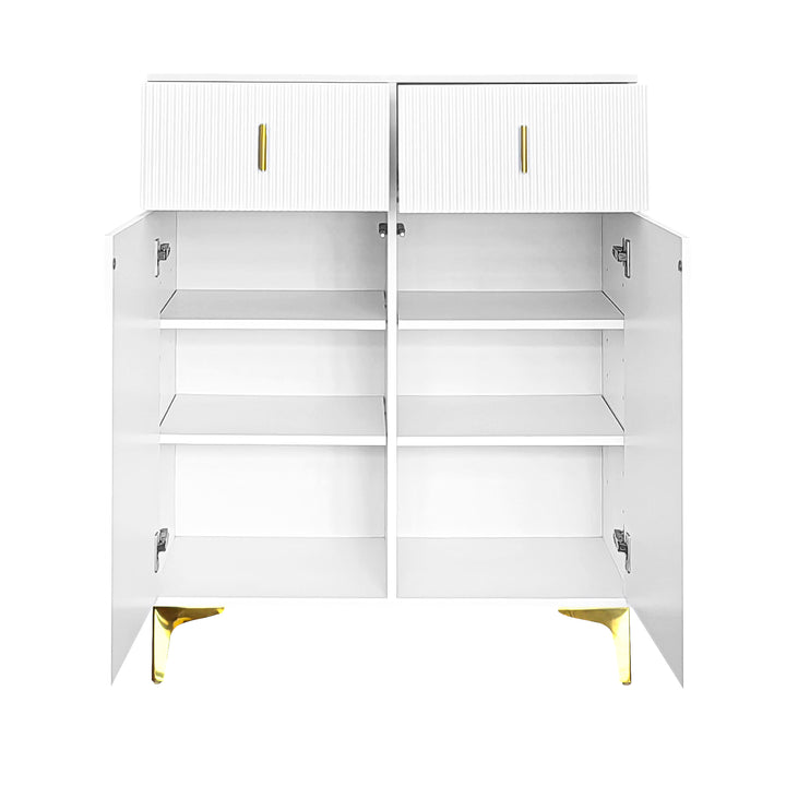 White shoe cabinet with textured panels and golden legs FERNCREST UK