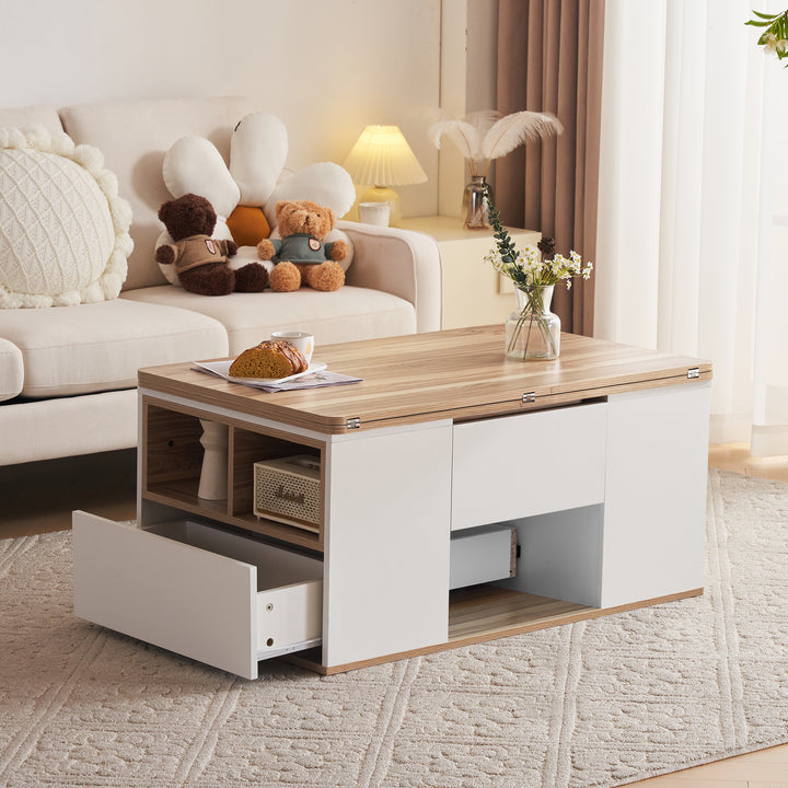 Modern white & oak lift-top coffee table hidden storage CLOUDWING