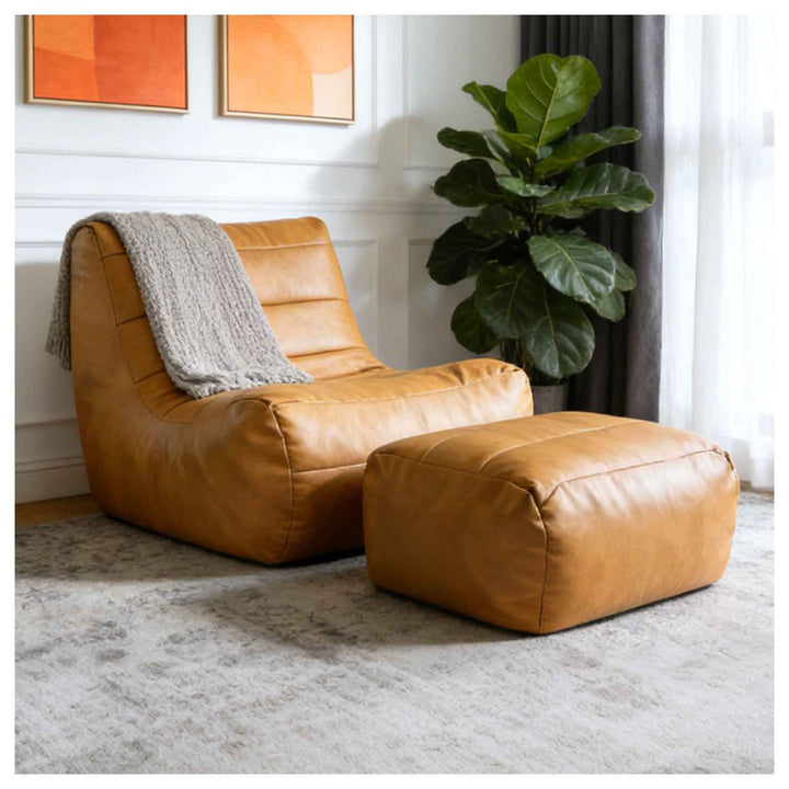 Cozy Tech Fabric Lazy Lounge Sofa Set with Footstool, Brown Faux Leather, Anti-Slip Base, No Assembly, Space-Saving Home Furniture for Living Room or Bedroom