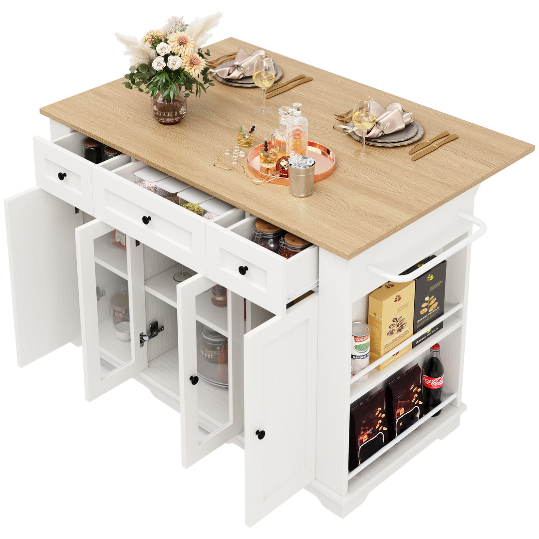 White kitchen Island trolley wood-grain look, tempered glass cabinet BEEGLUE