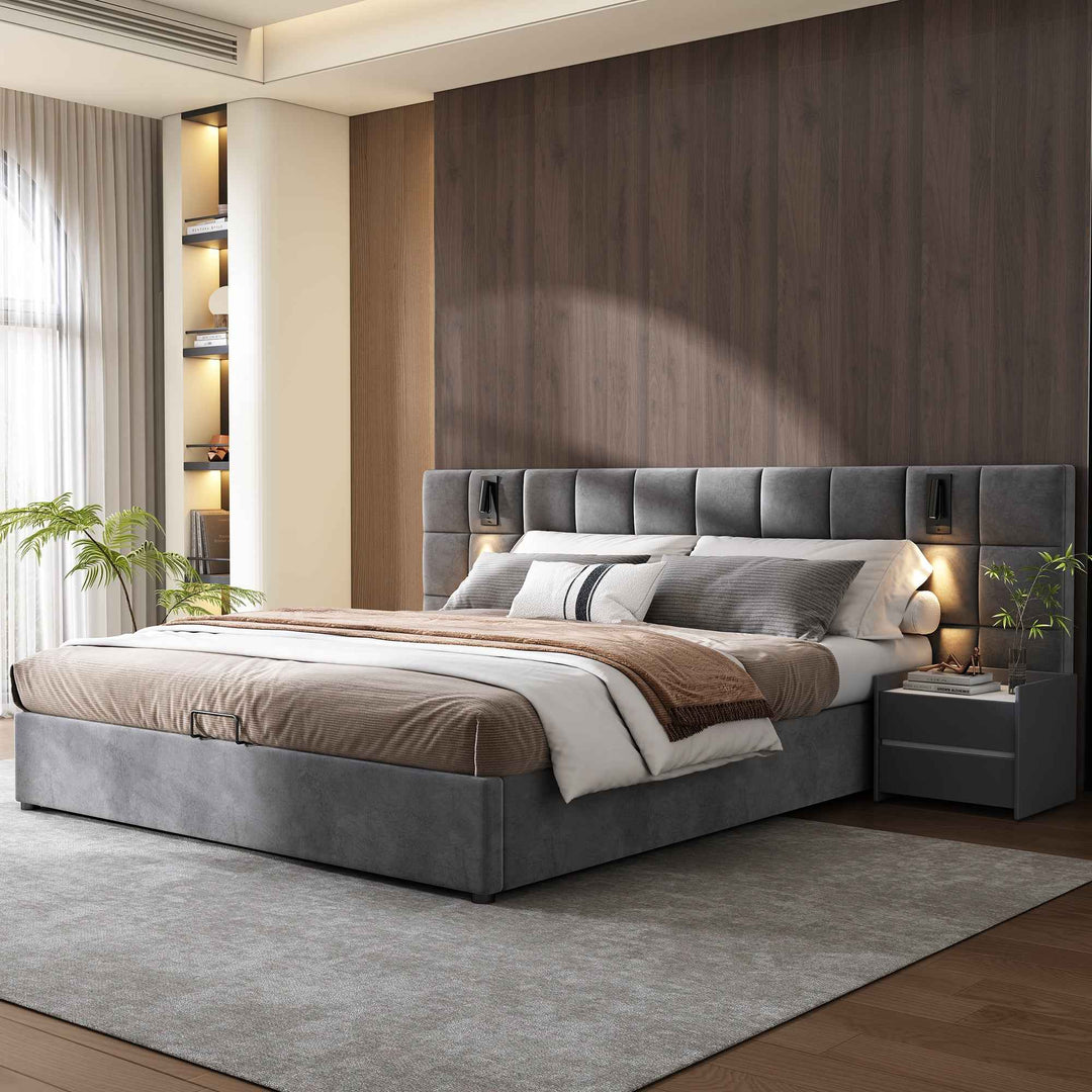Super king size upholstered ottoman bed 6ft velvet grey with USB charging & lamp, wide headboard no mattress or bedside tables