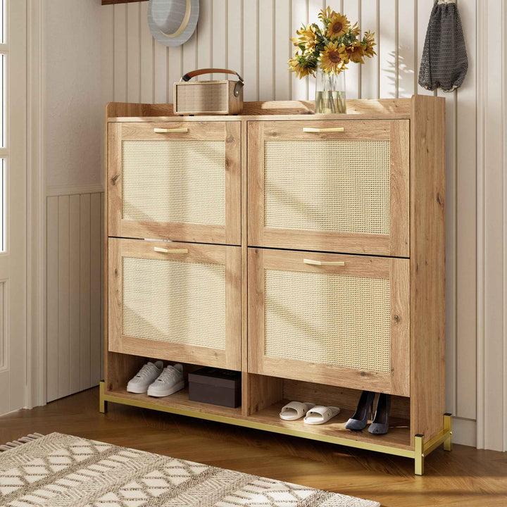 00+Shoe Cabinet with Rattan Doors & 4 Doors, Space-Saving Storage for Hallway CONCRETECREDENZA