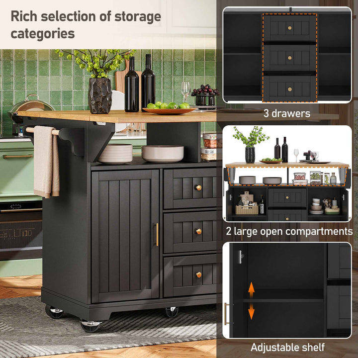 Extendable kitchen island trolley dining bar table wooden and black storage INFINITEMOME