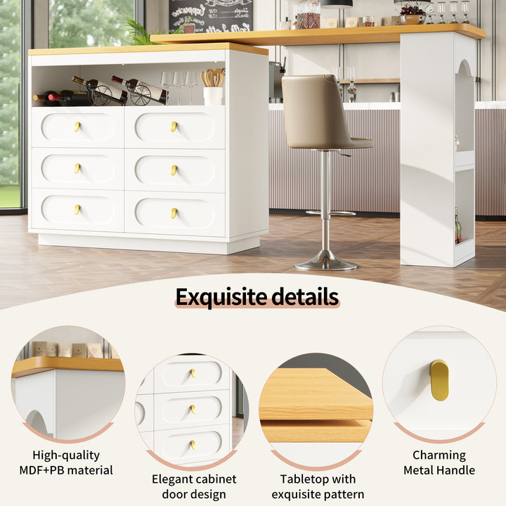 White 360° rotating extendable bar table with 6-drawer storage SYCAMOREBALL