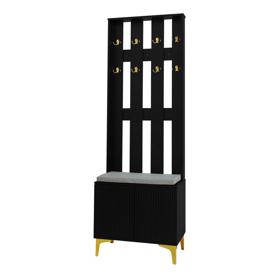 Black wooden entryway coat hanger, bench and cushion, and shoe cabinet TERMITEMOUND