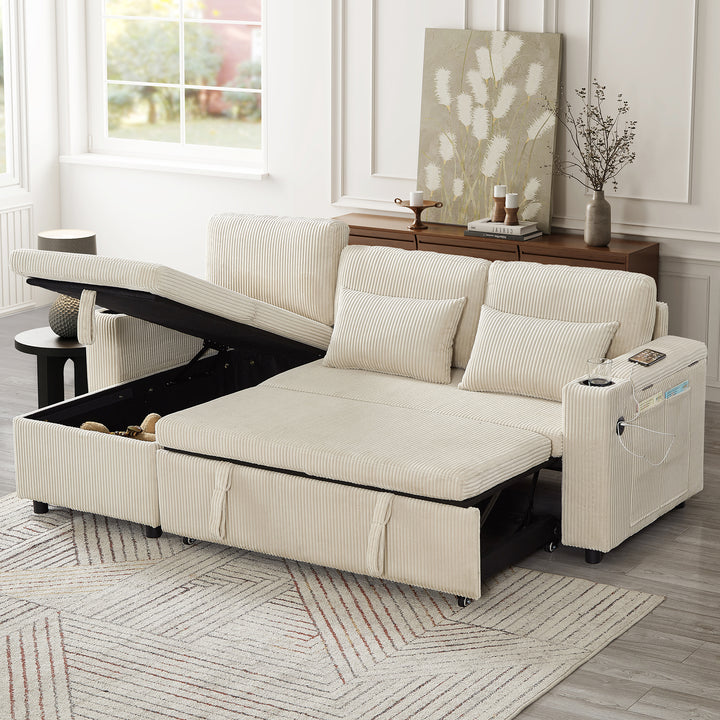 Beige corduroy 3-seater sofa bed trundle bed with storage and USB ports SPELEOTHEM UK