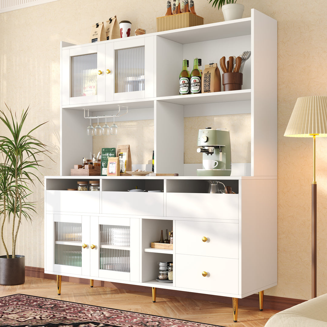 Modern white kitchen cabinet cupboard fluted glass doors, wine rack, and gold accents FROSTGLEN