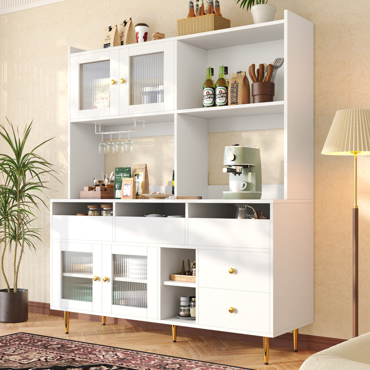 Modern white kitchen cabinet cupboard fluted glass doors, wine rack, and gold accents FROSTGLEN