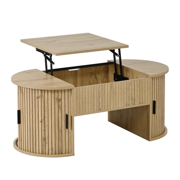 00+缺图 Retro Height-Adjustable Coffee Table, Wood 100 x 50 cm, Sliding Doors & Storage Shelves TRUNKBROWN