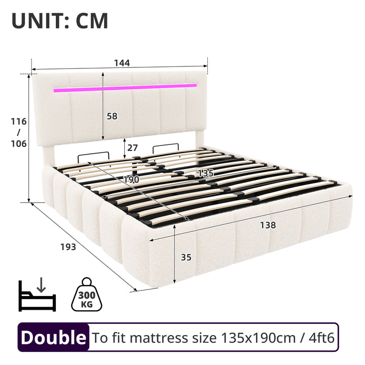 Upholstered beige boucle divan double bed with storage LED lights 135x190cm MAGMASWELL UK