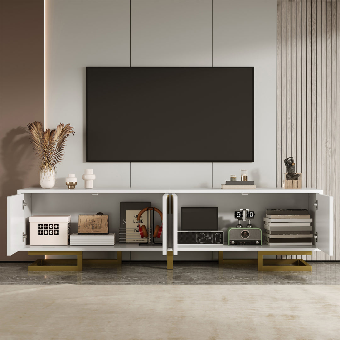 Modern luxury white TV stand textured geometric design with gold accents VIGOURE