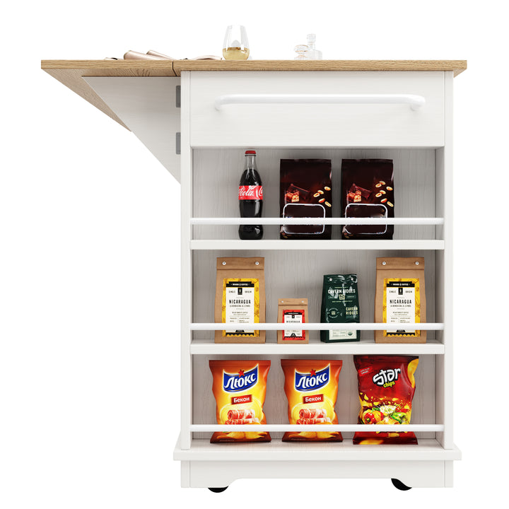 White kitchen Island trolley wood-grain look, tempered glass cabinet BEEGLUE