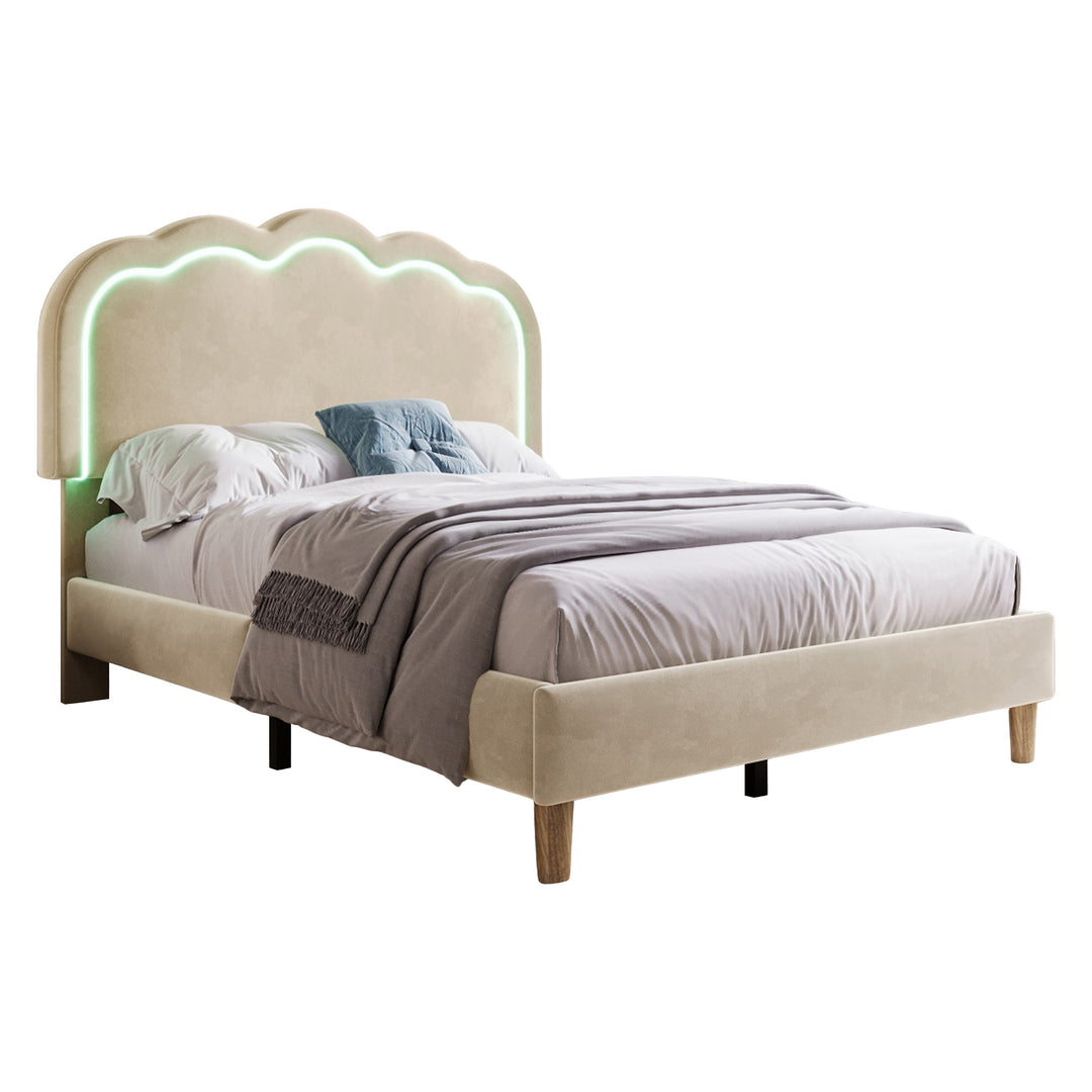 Beige velvet upholstered divan bed frame with LED, headboard height adjustable INDROX BEIGE UK