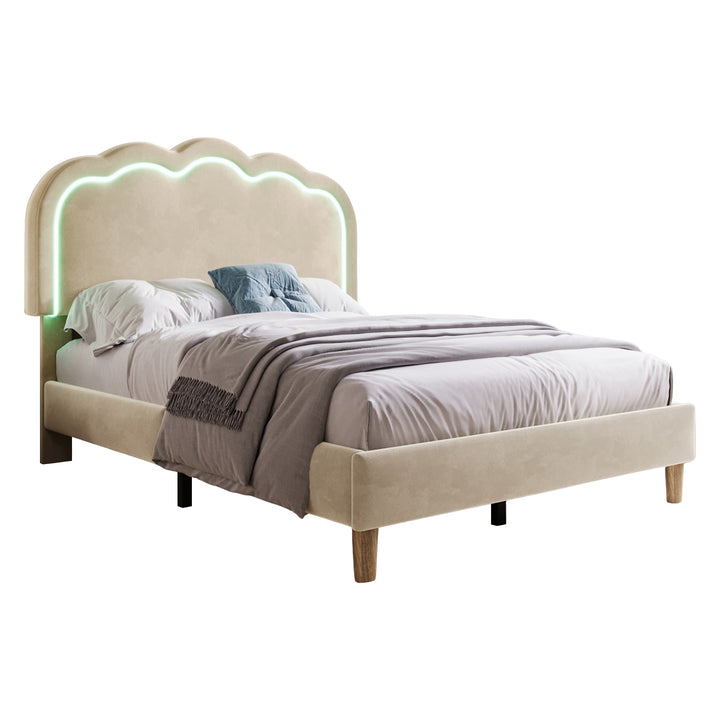 Beige velvet upholstered divan bed frame with LED, headboard height adjustable INDROX BEIGE UK