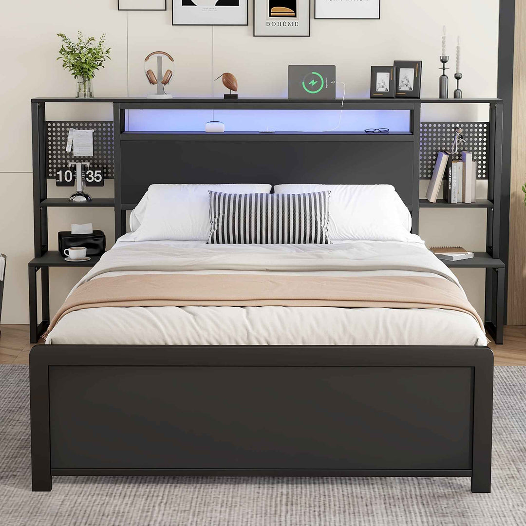 Metal Bed Frame Double 4ft6 135x190cm Black Iron with LED Lights, USB Charging Ports, One-Piece Bedside Table, Modern Minimalist Style for Bedroom