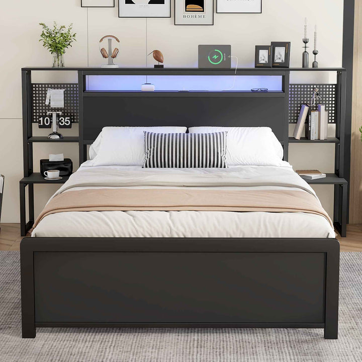 Metal Bed Frame Double 4ft6 135x190cm Black Iron with LED Lights, USB Charging Ports, One-Piece Bedside Table, Modern Minimalist Style for Bedroom