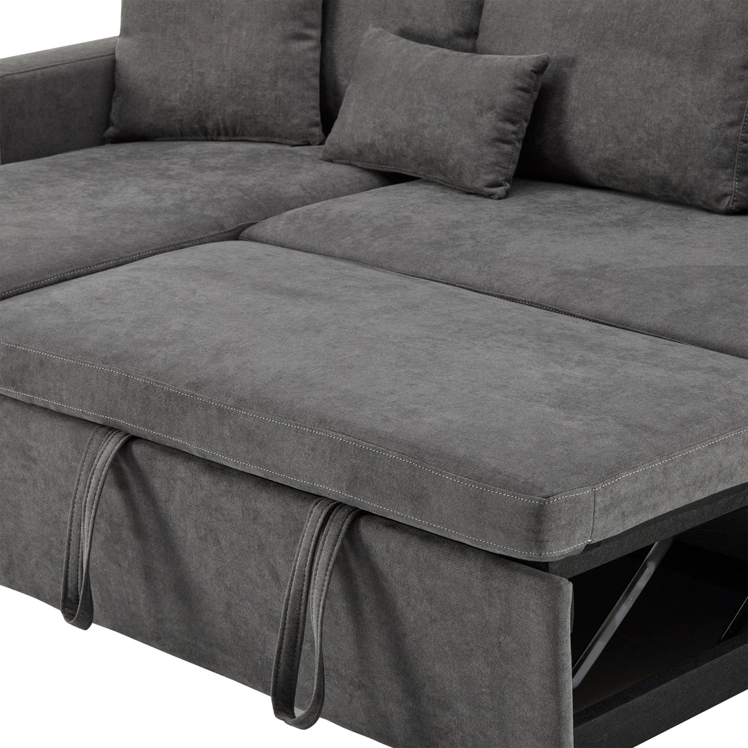 Grey L-shaped corner sofa bed, side shelf with integrated USB and storage VOLATILGAS