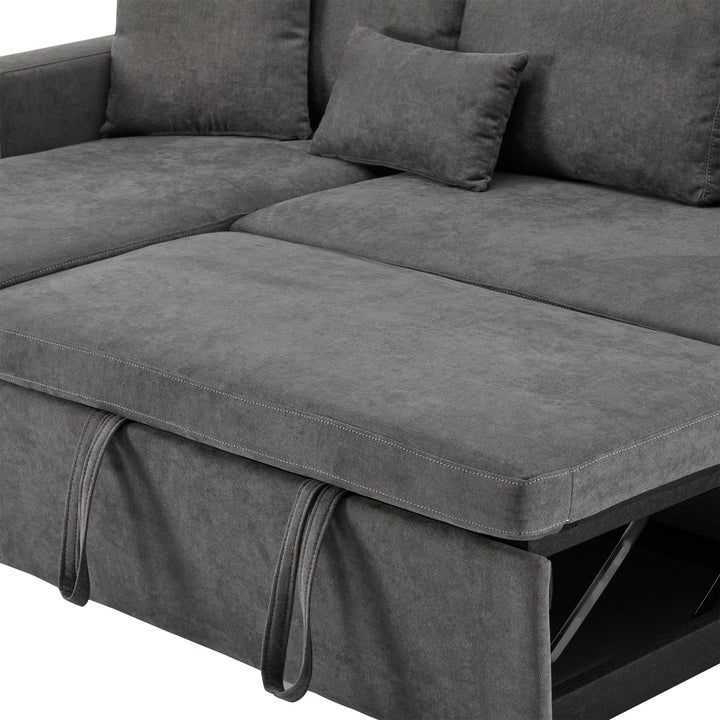 Grey L-shaped corner sofa bed, side shelf with integrated USB and storage VOLATILGAS