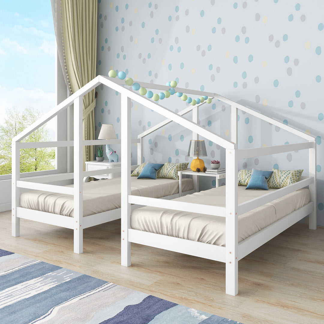 White wooden twin bed, 2 single beds under one roof with slats ZEQRIX UK