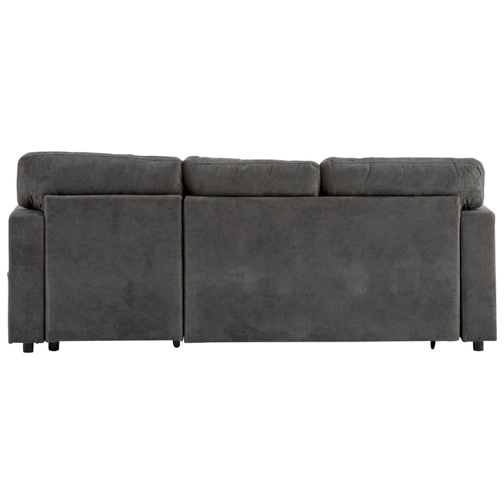 Grey L-shaped corner sofa bed, side shelf with integrated USB and storage VOLATILGAS