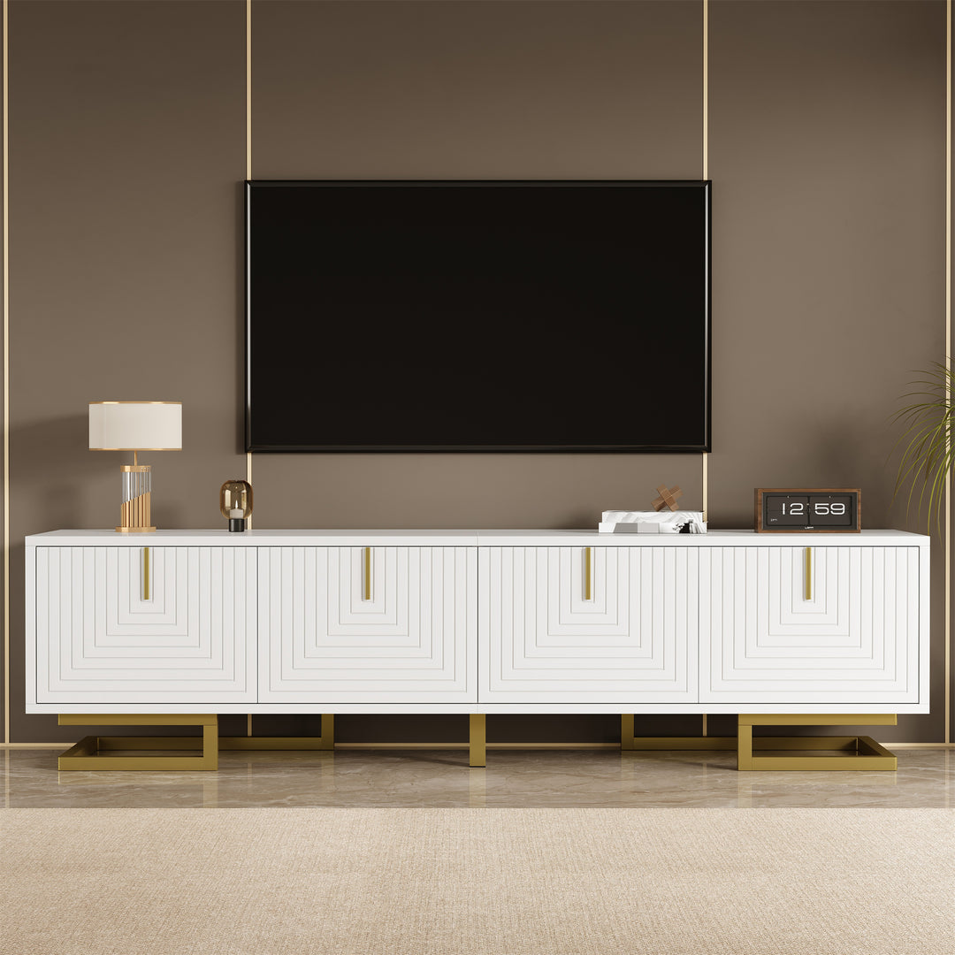 Modern luxury white TV stand textured geometric design with gold accents VIGOURE