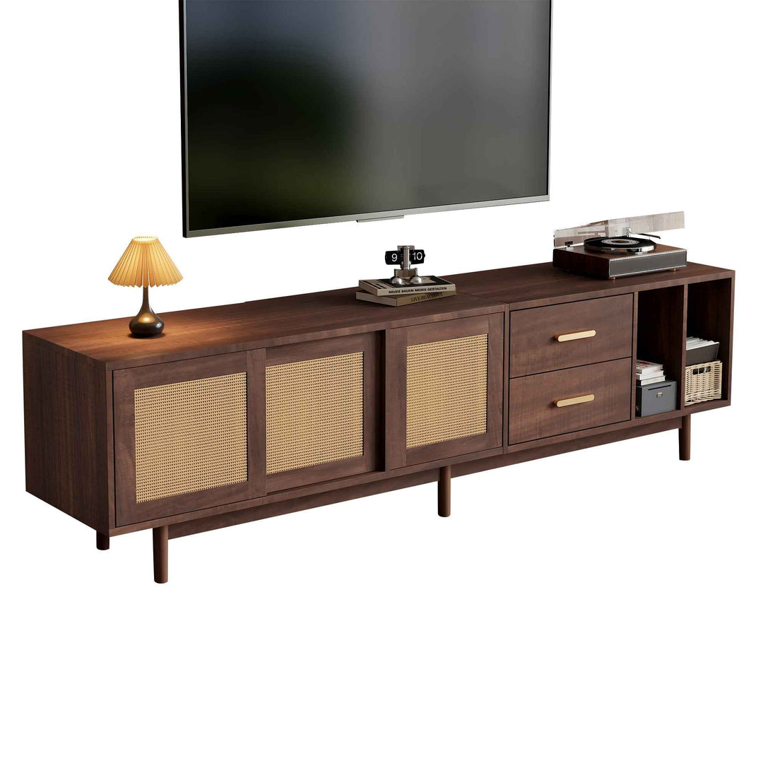TV stand dark wood vintage look with rattan sliding doors & 2 drawers  INFINITERIF
