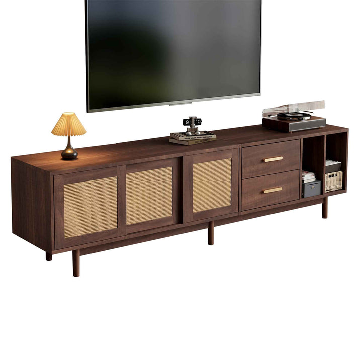 TV stand dark wood vintage look with rattan sliding doors & 2 drawers  INFINITERIF