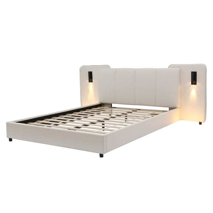 Beige upholstered divan double bed with side lamps and charging port 135x190cm UNITOS