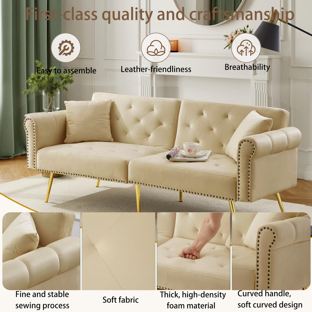 Modern upholstery velvet beige 2-seater sofa bed, adjustable backrest & gold-plated metal feet EUKARYOT