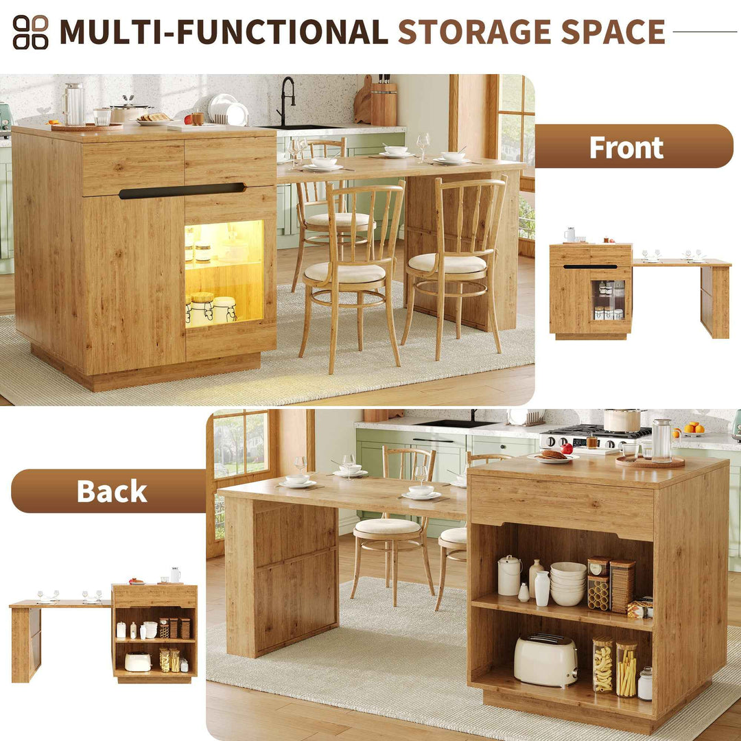 Kitchen island with extendable table, oak effect, LED glass door, 2 drawers INFINITECASC